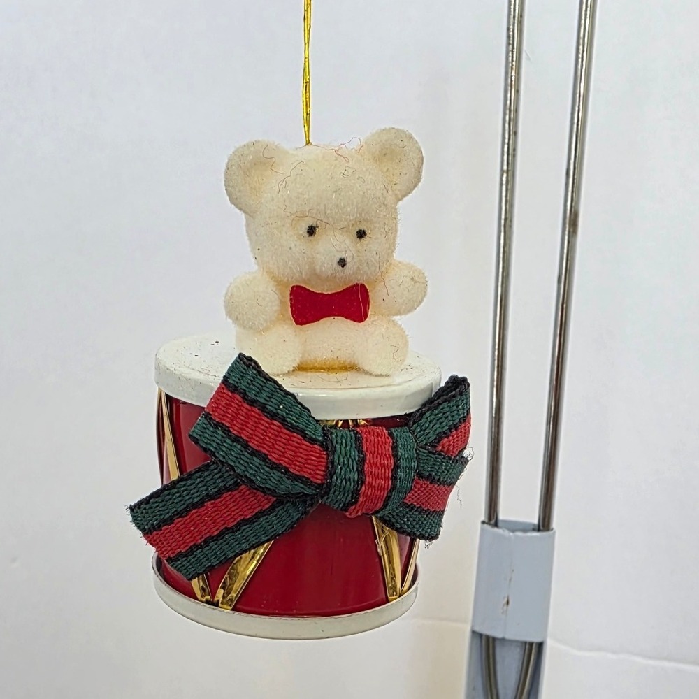 Christmas Ornament Teddy Bear on Drum Red Green Bow Holiday Decor